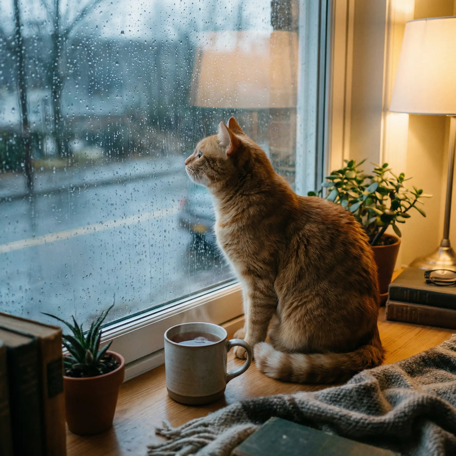 猫咪望着窗外的雨 - 外阴